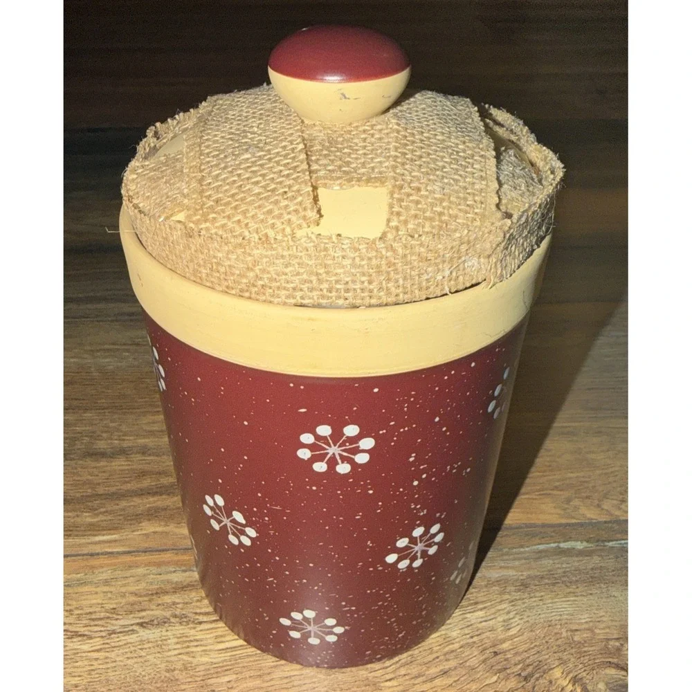 Vtg Snowman Happy Holidays DIY‎ Burlap 3D Ceramic Canister Cookie Jar w Lid
